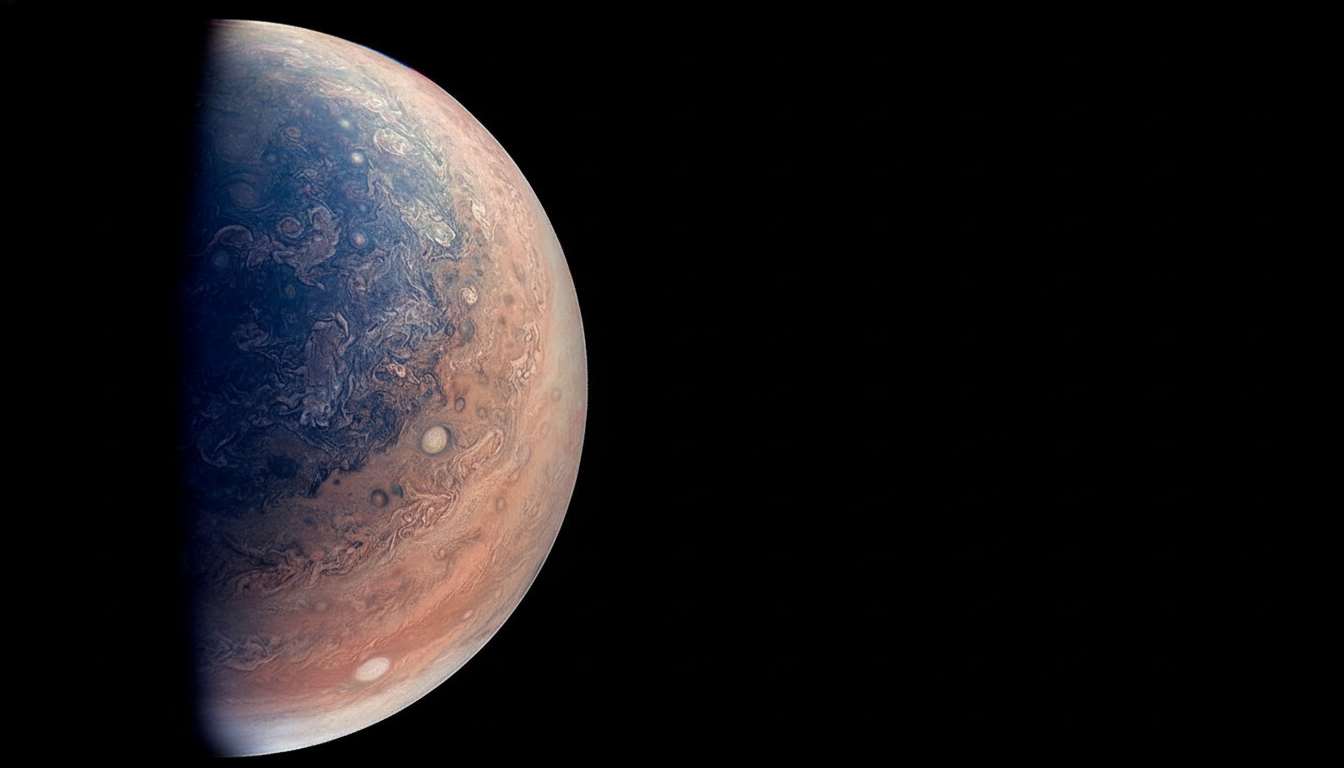 A professionally enhanced image of Jupiter, resized to a 16:9 aspect ratio, showing its swirling clouds and atmospheric features against the blackness of space.