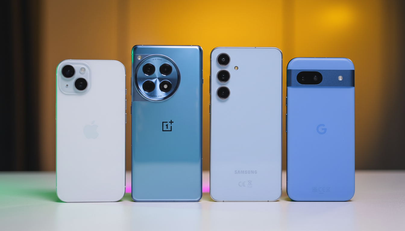 Four smartphones, an iPhone, a OnePlus, a Samsung, and a Google Pixel, are lined up side-by-side on a surface with a blurred background.