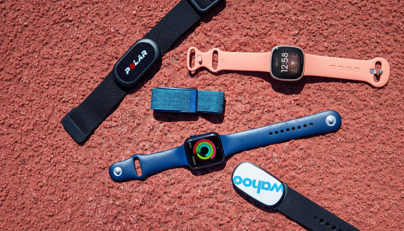 A flat lay of various fitness trackers and smartwatches on a reddish-brown textured surface, including devices from Polar, Fitbit, Apple, and Wahoo.
