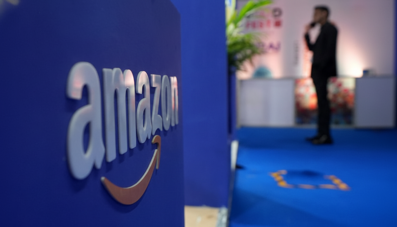 The Amazon logo in white and orange is prominently displayed on a blue wall in the foreground, with a blurred figure of a person in a suit standing in the background.