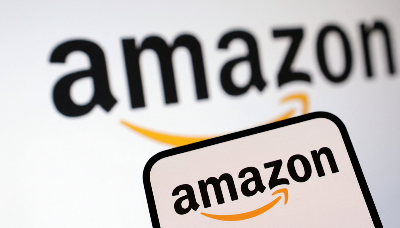 A close-up shot of the Amazon logo on a smartphone screen, with a larger, out-of-focus Amazon logo in the background.