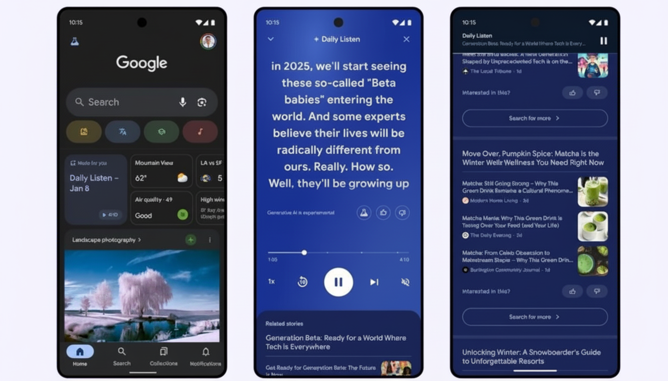 Three Google Pixel phones displaying different Google app interfaces. The left phone shows the Google search page with weather and news. The middle phone displays a Daily Listen article with text and audio controls. The right phone shows a list of news articles and related stories.