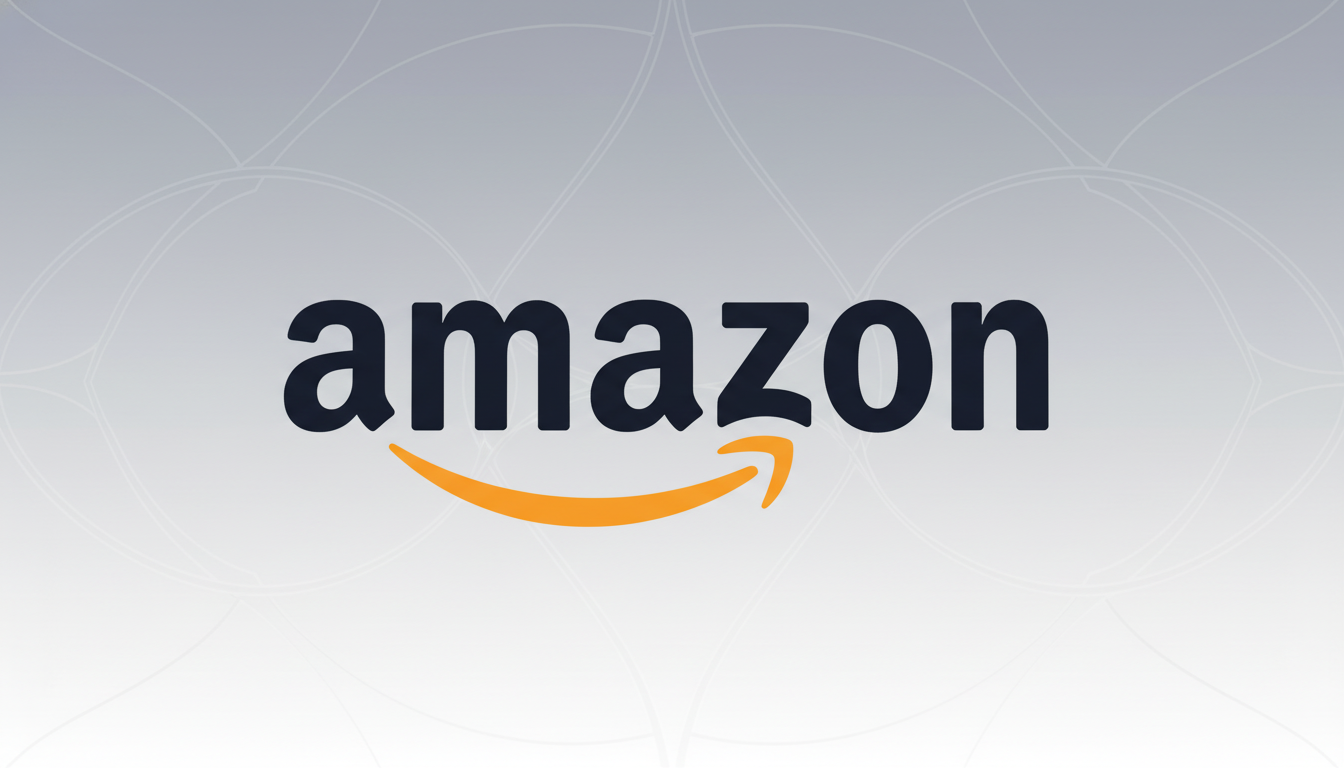 The Amazon logo, featuring the word amazon in black lowercase letters with an orange arrow curving from the a to the z, set against a professional flat design background with soft patterns and a gradient.