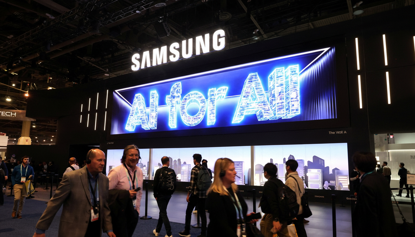 A wide shot of the Samsung booth at a trade show, featuring a large illuminated sign that reads SAMSUNG and below it, AI for All in a futuristic blue font. People are walking in the foreground and background, attending the event.