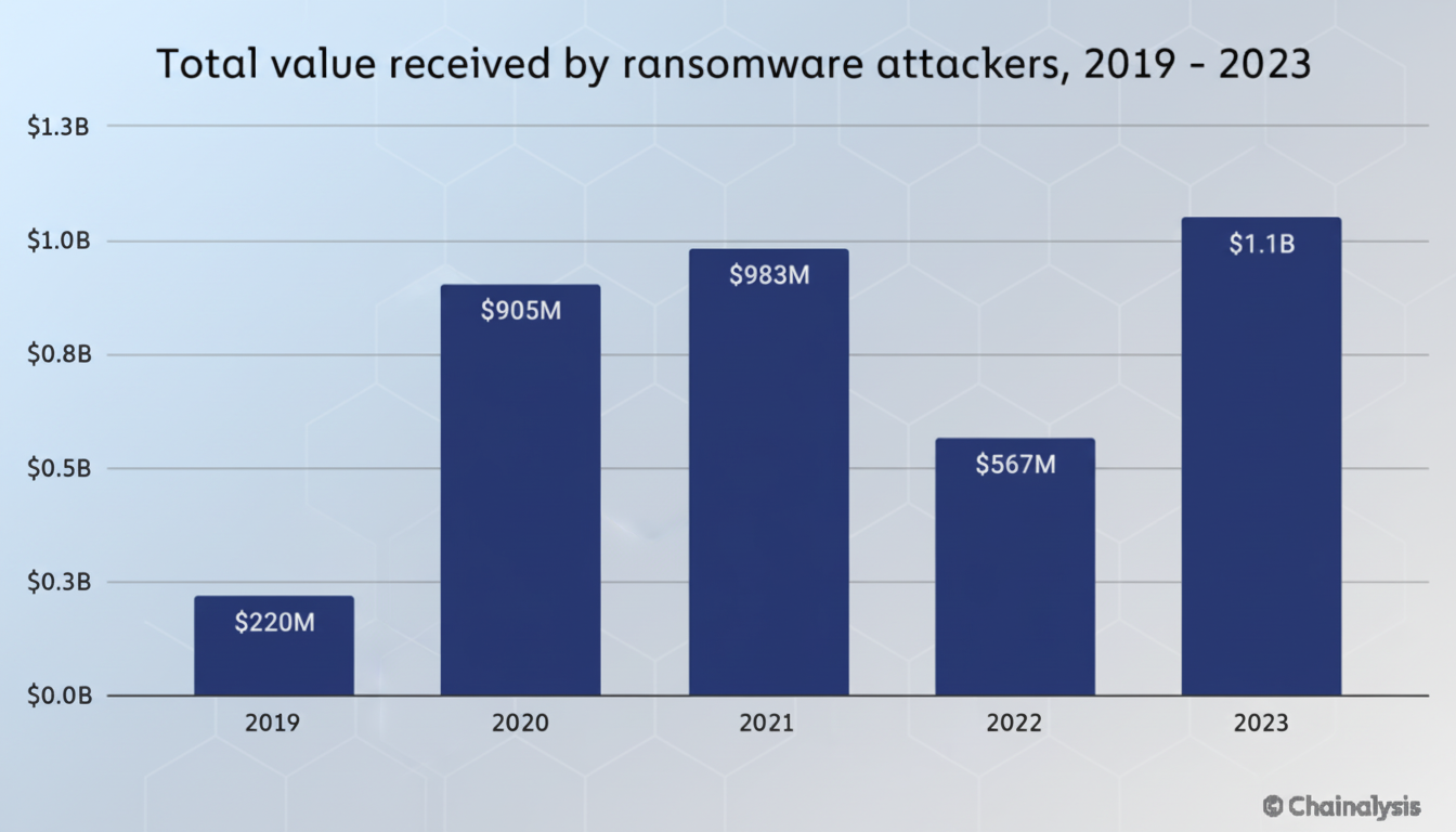 A bar chart titled Total value received by ransomware attackers, 2019 - 2023 showing the following values: $220M in 2019, $905M in 2020, $983M in 2021, $567M in 2022, and $1.1B in 2023. The chart has been resized to a 16:9 aspect ratio.