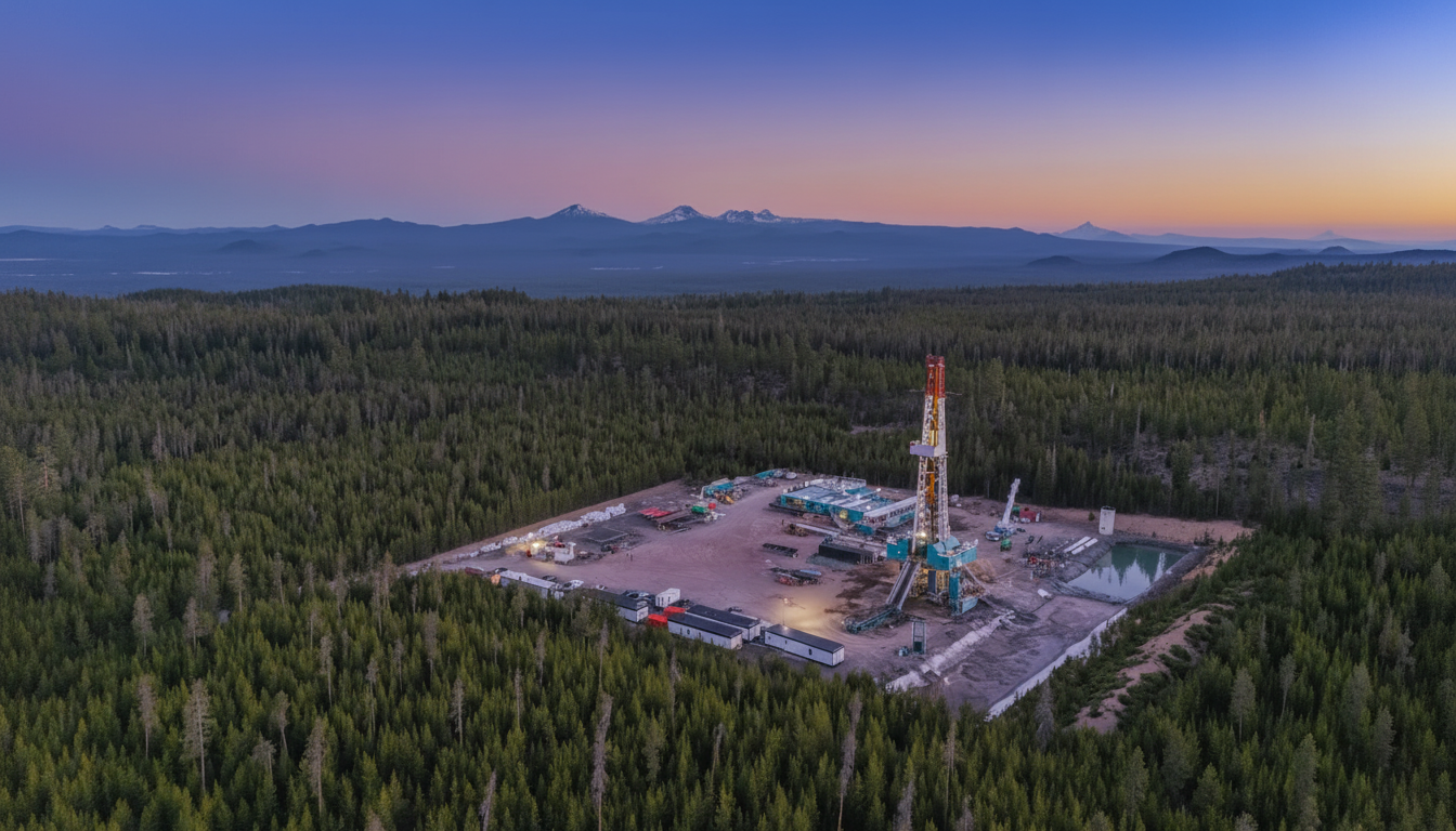 An aerial view of an oil drilling rig surrounded by a dense forest with mountains in the background under a twilight sky.