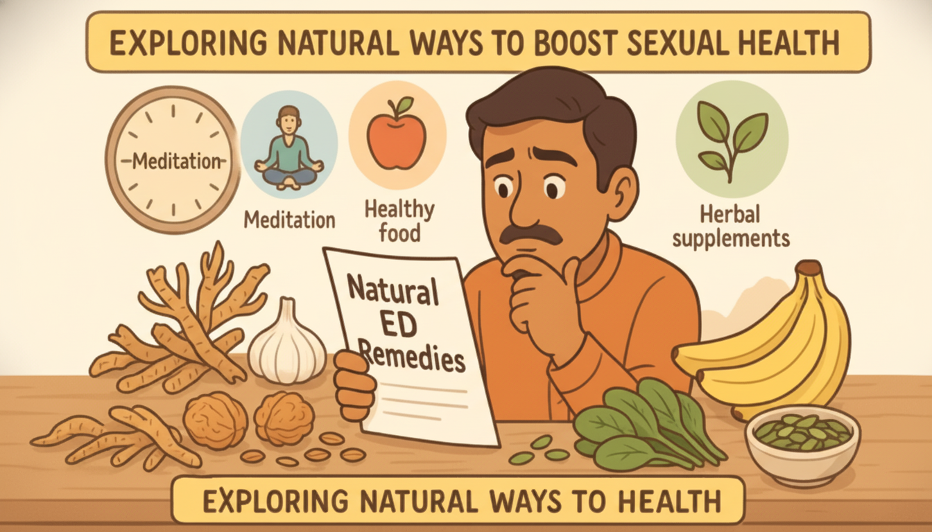 A man reading a document titled Natural ED Remedies with various natural health elements like meditation, healthy food, and herbal supplements surrounding him.