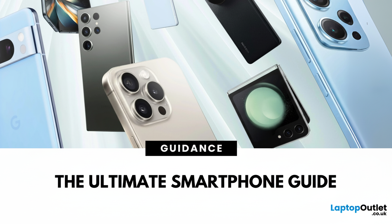 A professional banner image for The Ultimate Smartphone Guide from LaptopOutlet.co.uk, featuring various modern smartphones in different colors and designs, including models from Google, Samsung, Apple, and Xiaomi, arranged dynamically on a light background. The text GUIDANCE is centered in a black box above the main title.