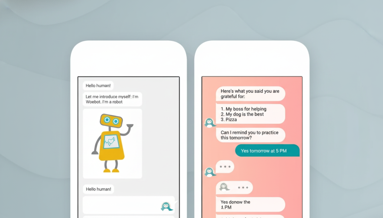 A 16:9 aspect ratio image showing two mobile phone screens side-by-side, displaying a chat interface. The left screen shows a robot character named Woebot introducing itself, while the right screen displays a conversation about gratitude and a reminder. The background is a professional flat design with soft patterns.