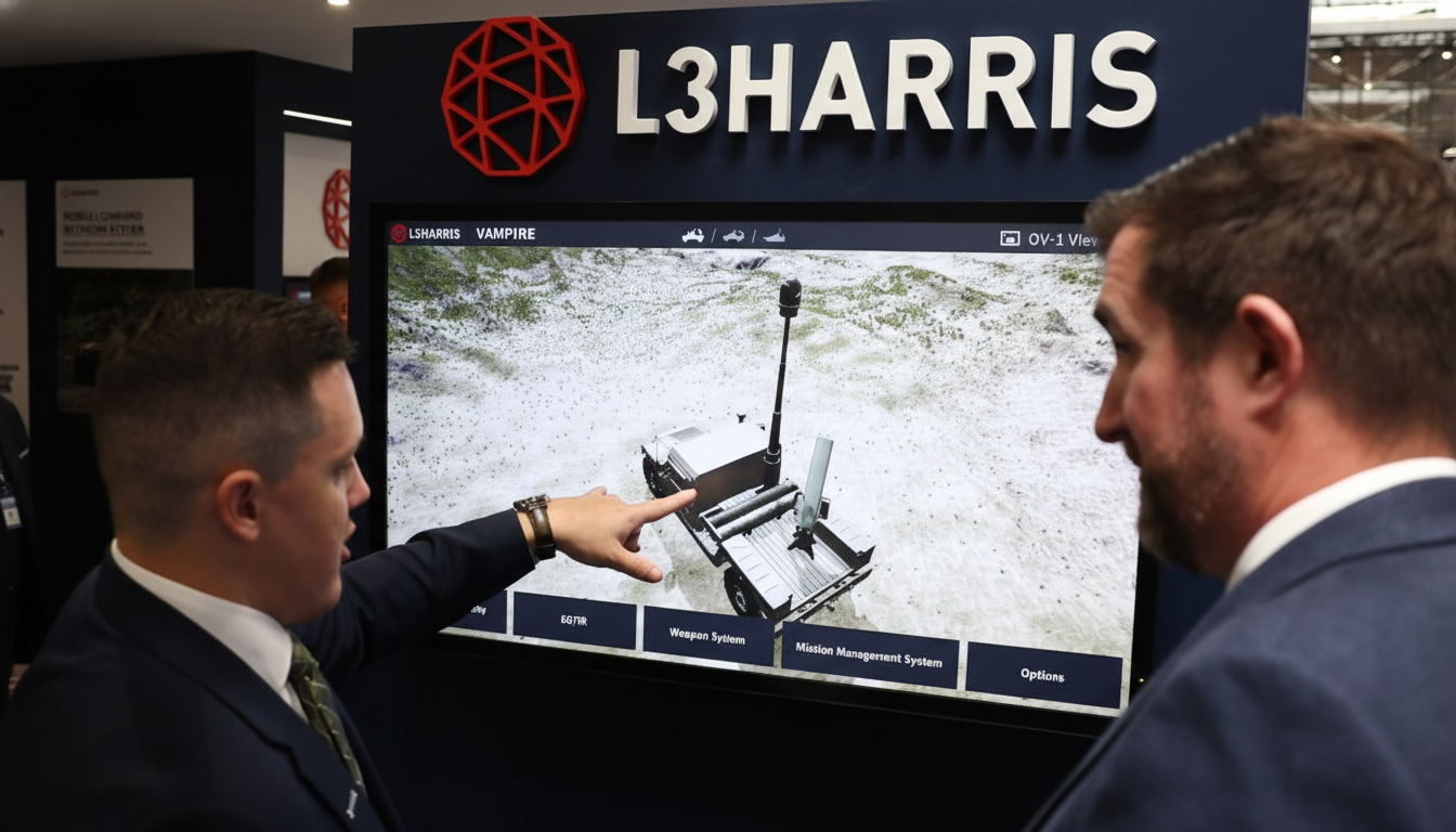 Two men in suits looking at a large screen displaying a 3D model of a military vehicle, with one man pointing at the screen. The screen has L3HARRIS and VAMPIRE visible.