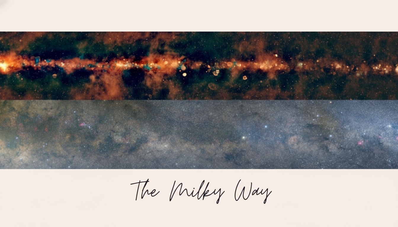 A professional enhancement of an image showing two horizontal bands of the Milky Way galaxy, with the top band displaying vibrant orange and green hues and the bottom band showing a more subdued grey and blue starfield. The image is set against a light beige background with the text The Milky Way in a script font below the galaxy bands.