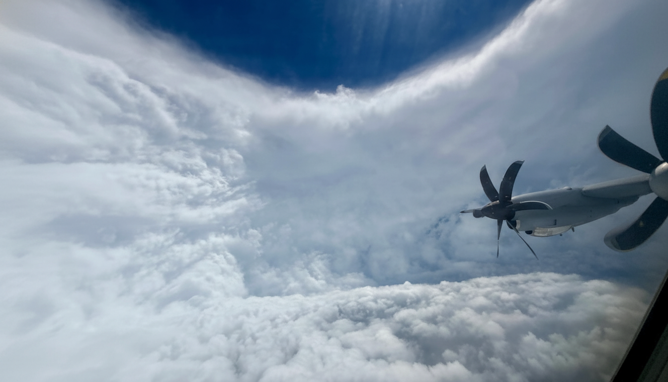 An aerial view from an airplane window shows a propeller and wing against a dramatic sky filled with swirling white clouds, with a clear blue sky visible above the cloud formation.