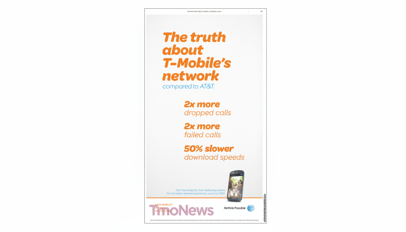 AT&T vs T-Mobile logos with TV and gavel, lawsuit over attack ad airing