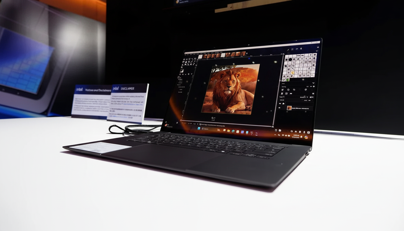 A black laptop displaying an image of a lion on its screen, set against a dark background with Intel branding visible.