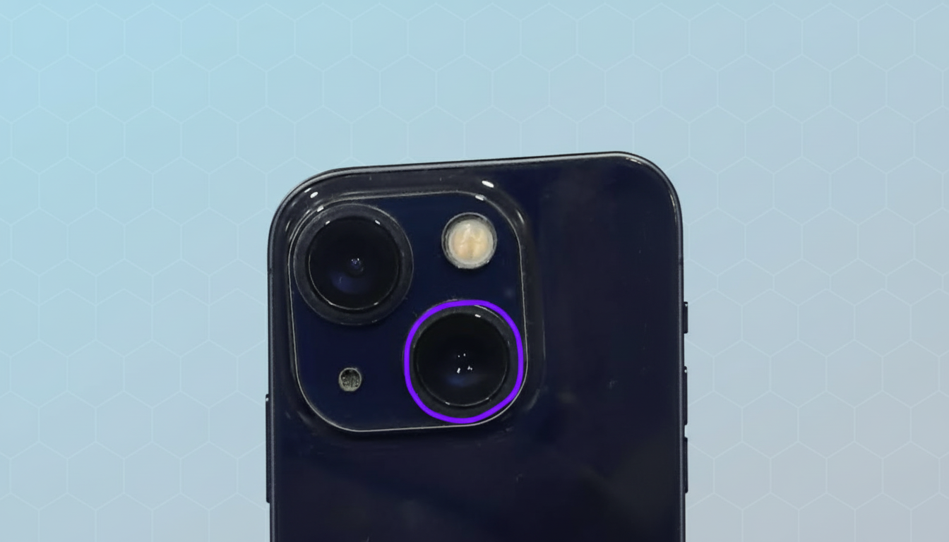 A close-up of the back of a dark blue smartphone, showing its dual camera lenses and flash. A purple circle highlights one of the camera lenses. The background is a light blue with a subtle geometric pattern.
