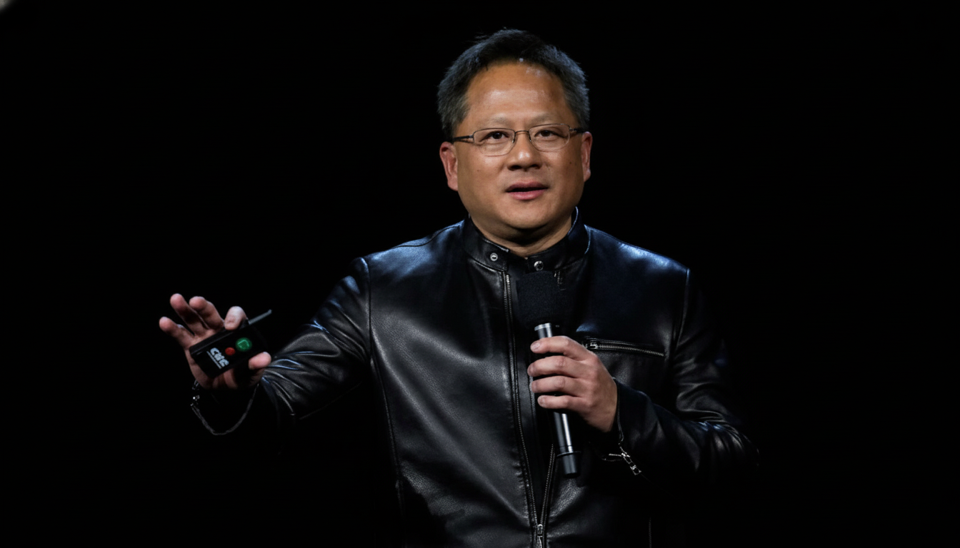 A man in a black leather jacket and glasses holding a microphone and a small device, speaking against a dark background.