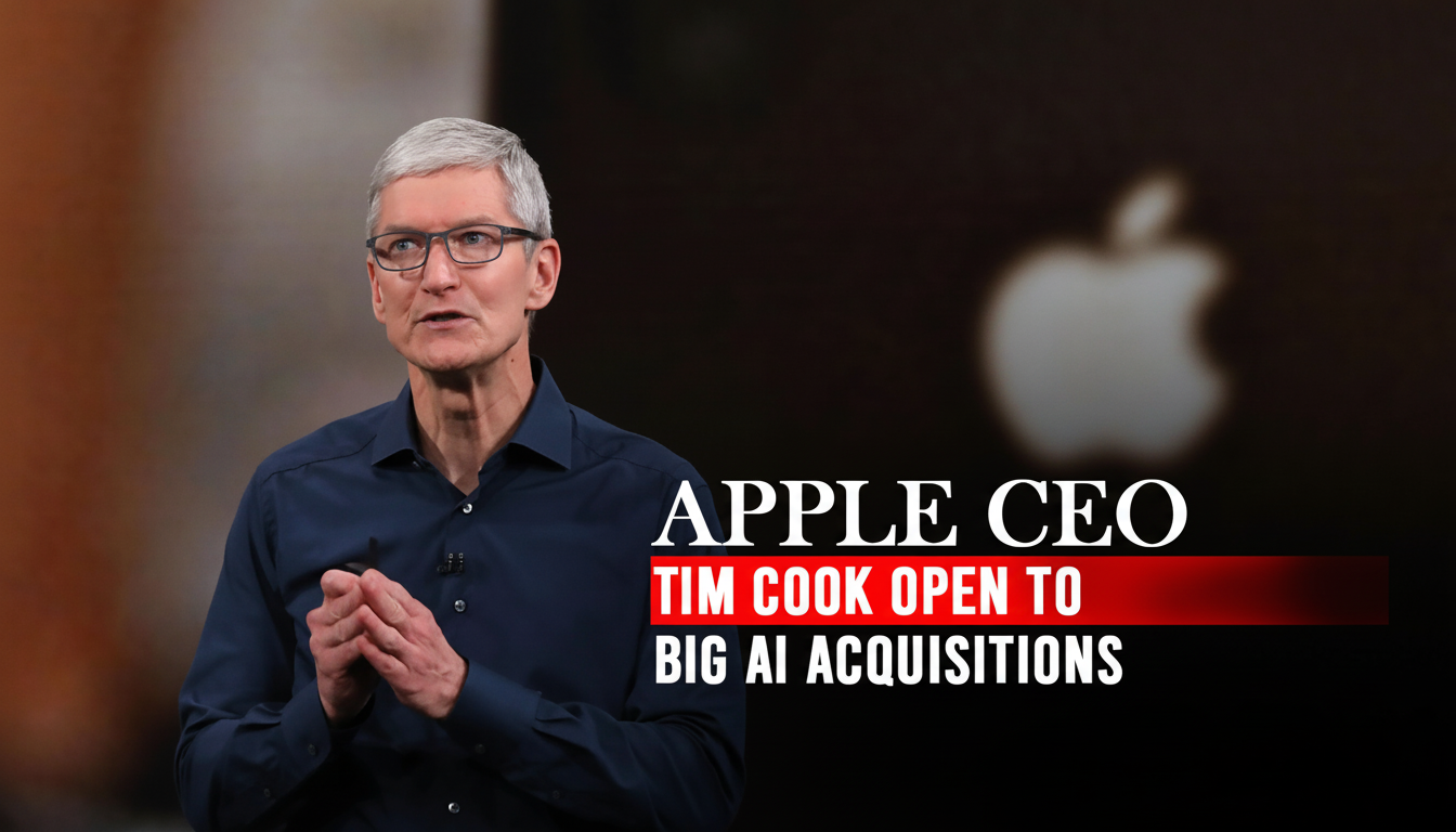 Apple CEO Tim Cook speaking on stage with the Apple logo in the background, with text overlay APPLE CEO TIM COOK OPEN TO BIG AI ACQUISITIONS.