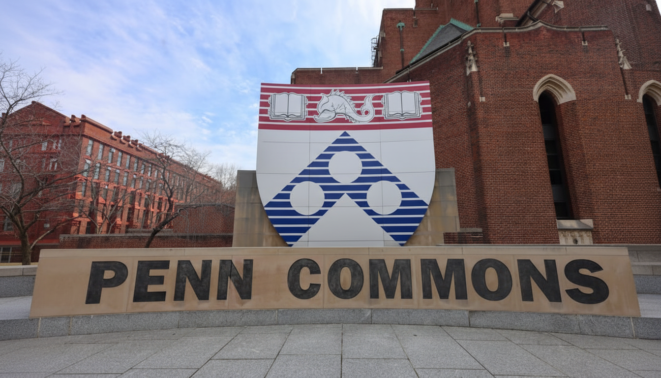 The Penn Commons sign and the University of Pennsylvania crest in front of a brick building under a partly cloudy sky.