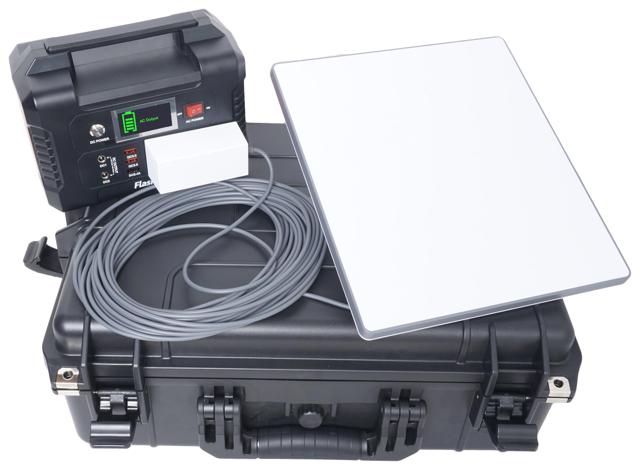 Starlink Mini kit package components including satellite dish, router, and accessories shown together
