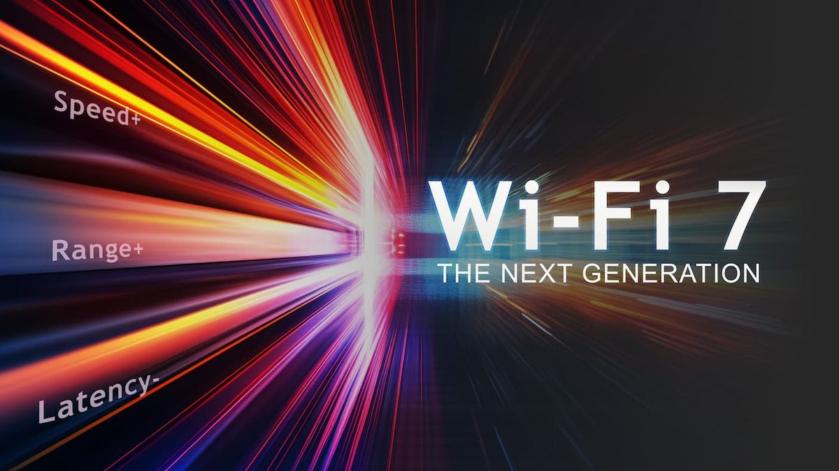 Wi‑Fi 7 (802.11be) router with AI icons and speed lines for smarter, faster networking