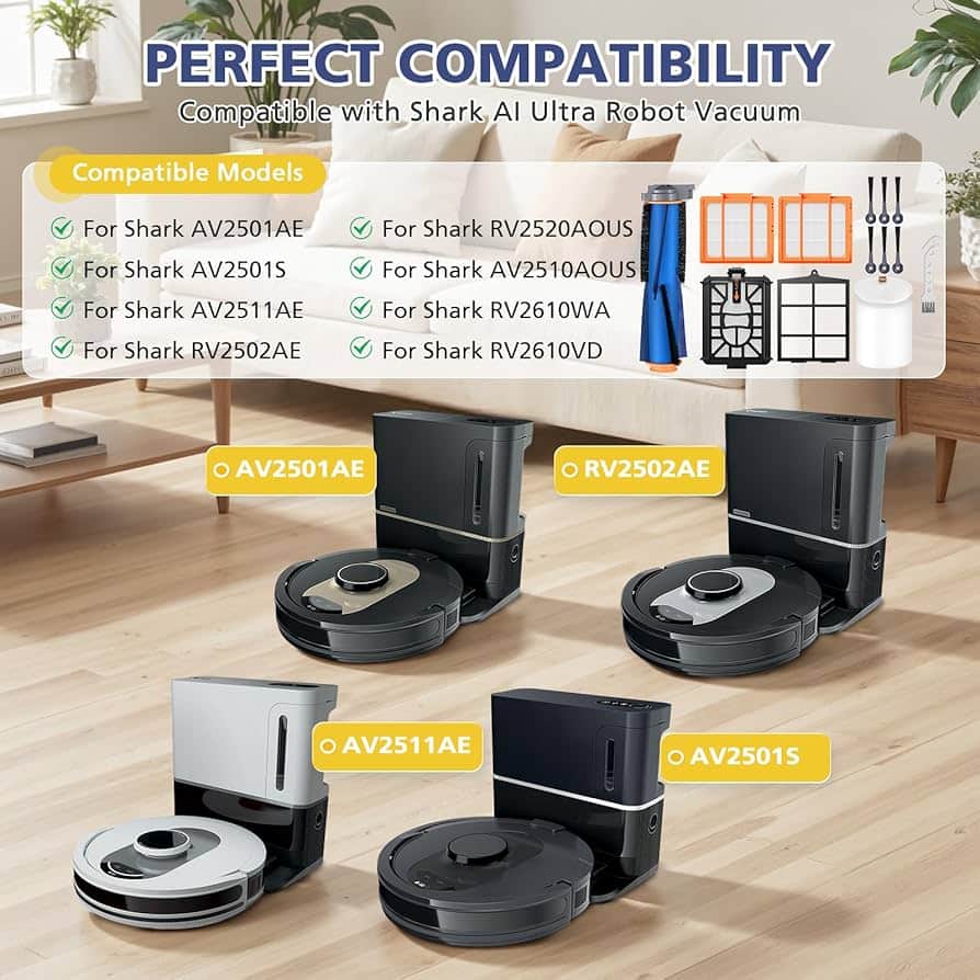 Robot vacuum cleaning hardwood floor near self-emptying dock in a modern living room