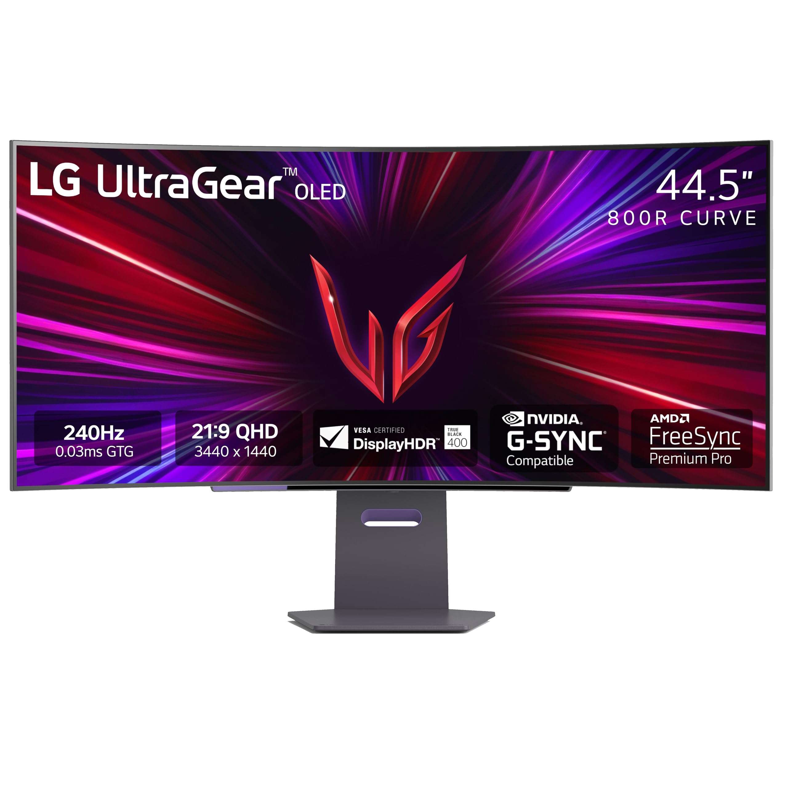 45-inch OLED monitor on desk with vivid colors, thin bezels, and high contrast
