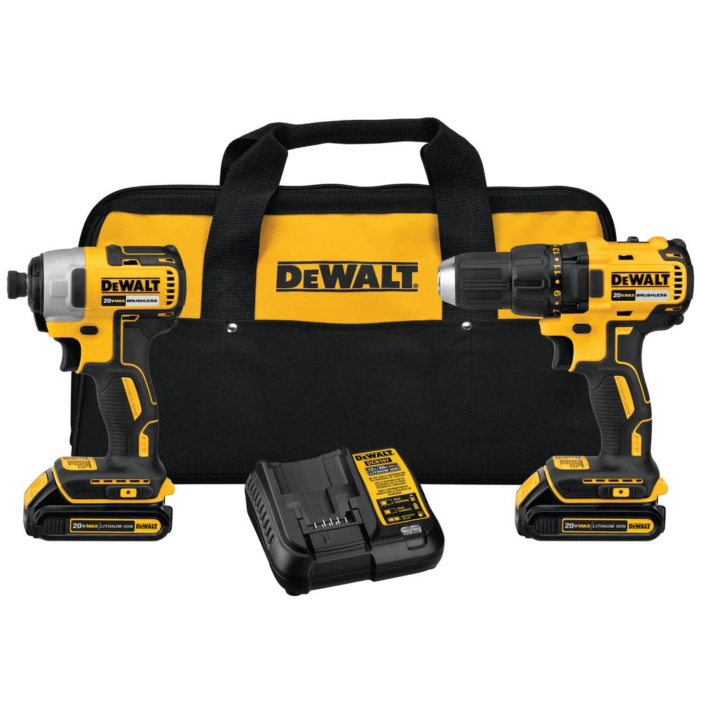 DeWalt 20V Max cordless combo kit with drill/driver, impact driver, batteries, charger, bag