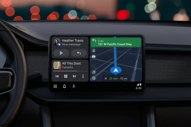 An in -car display showing a navigation app with a map and directions to 101 W Pacific Coast Hwy, alongside a music player interface . A notification for a new message from Heather Travis is also visible.