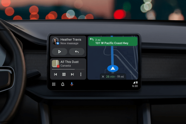 An in -car display showing a navigation app with a map and a music player interface, against a blurred background of city lights.