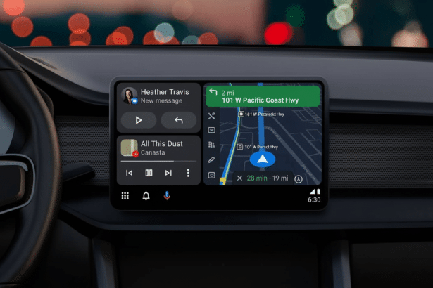 An in -car display showing a navigation app, a music player, and a new message notification, set against a blurred background of city lights at night. Filename : in cardisplay navigation music .png