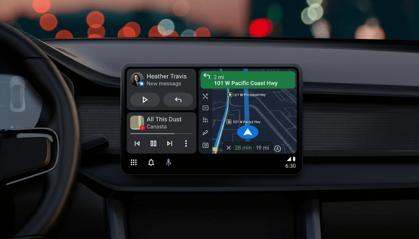 An in -car display showing a navigation app, a music player, and a new message notification, set against a blurred background of city lights at night. Filename : in cardisplay navigation music .png