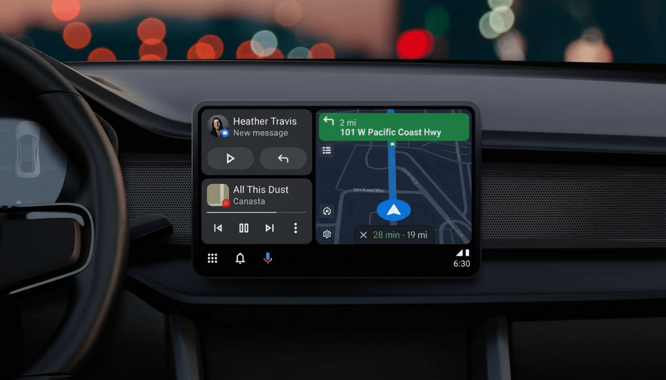 An in -car display showing a navigation app with a map and directions to 101 Pacific Coast Hwy, alongside music controls and a new message notification.