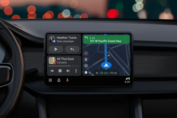 An in -car display showing a navigation app with a map and a music player interface , against a blurred background of city lights at dusk .