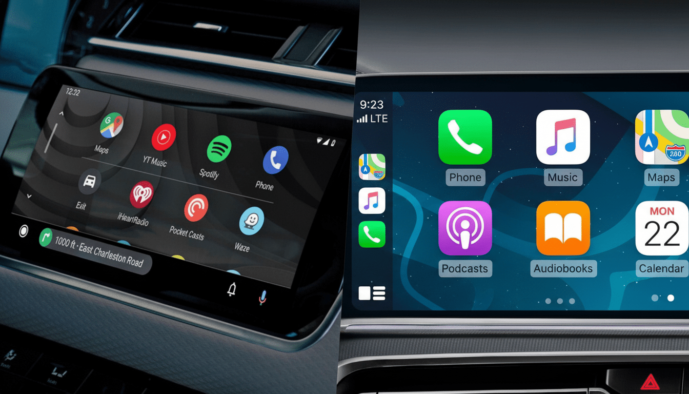 A comparison image showing two in -car infotainment systems . The left displays Android Auto with various app icons, and the right shows Apple CarPlay with its set of app icons. Both screens are integrated into a car dashboard.
