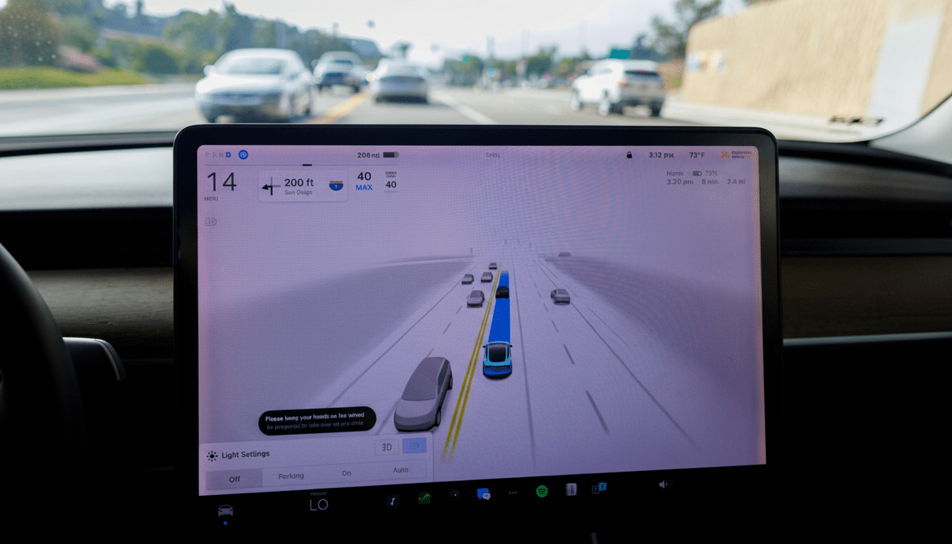 An in -car display showing a navigation system with cars on a highway, viewed from the driver's perspective .