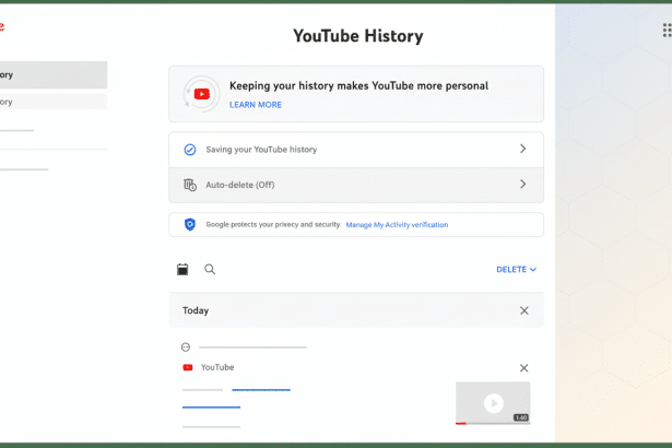 Screenshot of the YouTube History page showing options to manage history, including saving, auto- delete, and viewing past activity .