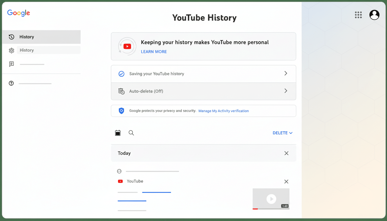 Screenshot of the YouTube History page showing options to manage history, including saving, auto- delete, and viewing past activity .