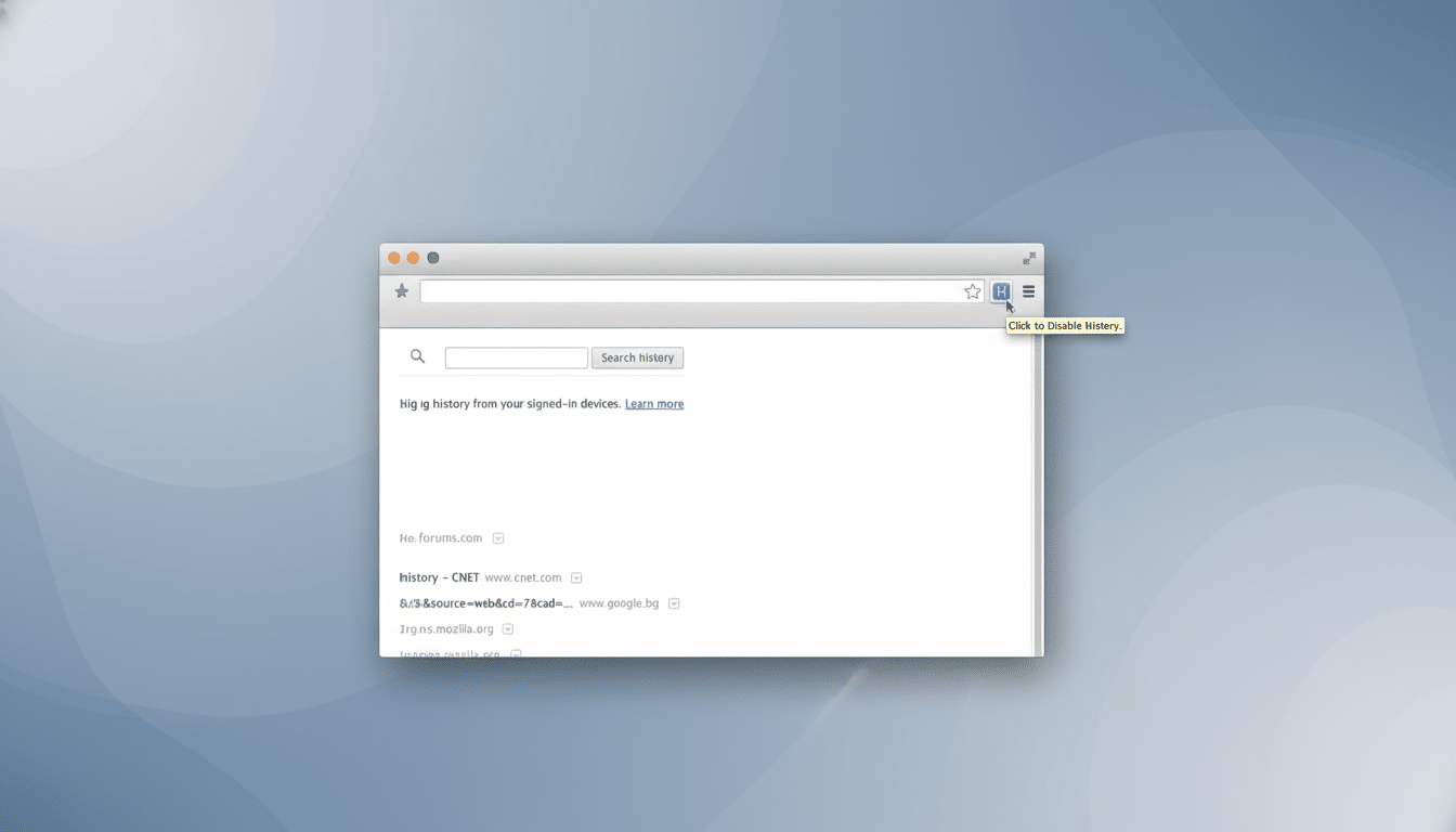 A web browser window with a search history visible , and a tooltip  Click to Disable History  pointing to an icon in the top right corner . The background is a soft blue gradient with subtle wave patterns. Filename : webbrowser disable history. png
