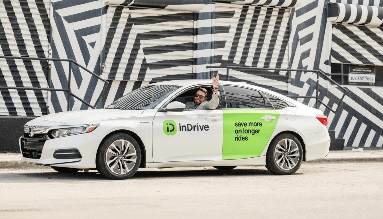 A man in a white Honda Accord with an inDrive logo and save more on longer rides text, giving a thumbs up out the window, parked in front of a buildin