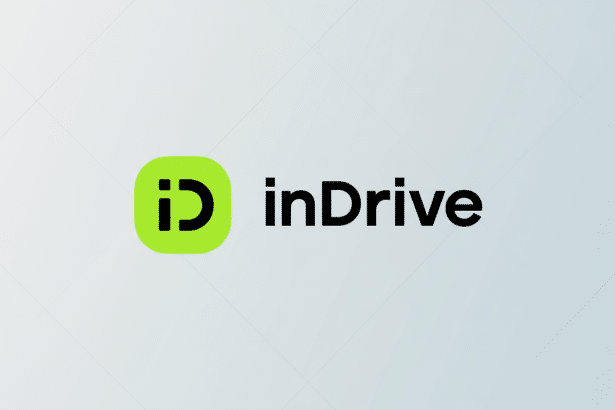 The inDrive logo, featuring a bright green square icon with a black stylized iD and the word inDrive in black text, presented on a subtle grey profess