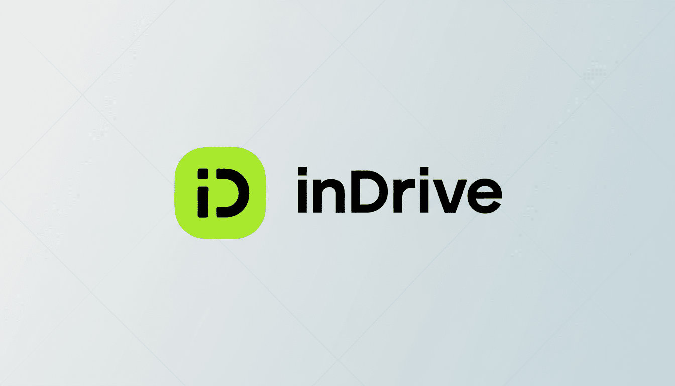 The inDrive logo, featuring a bright green square icon with a black stylized iD and the word inDrive in black text, presented on a subtle grey profess