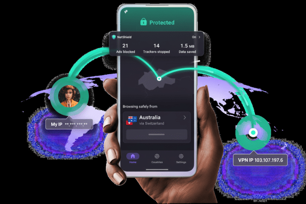 A hand holding a smartphone displaying a VPN app interface , with a background showing global connectivity elements and a profile icon .