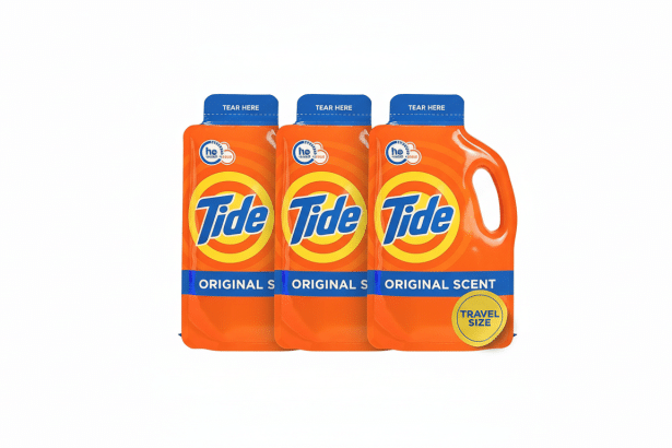 Three travel -size bottles of Tide Original S cent laundry detergent.