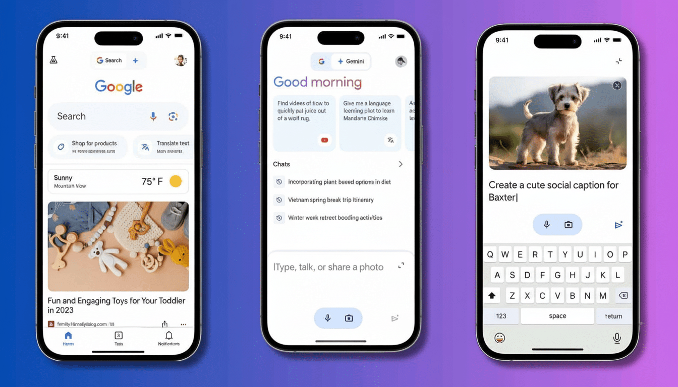 A 16:9 aspect ratio image featuring three smartphone screens displaying different Google interfaces against a blue and purple gradient background. The left phone shows the Google search page with various results. The middle phone displays the  Good morning screen with Gemini integration and suggested tasks . The right phone shows a chat interface with an image of a puppy and a prompt to Create a cute social caption for Baxter above a keyboard .