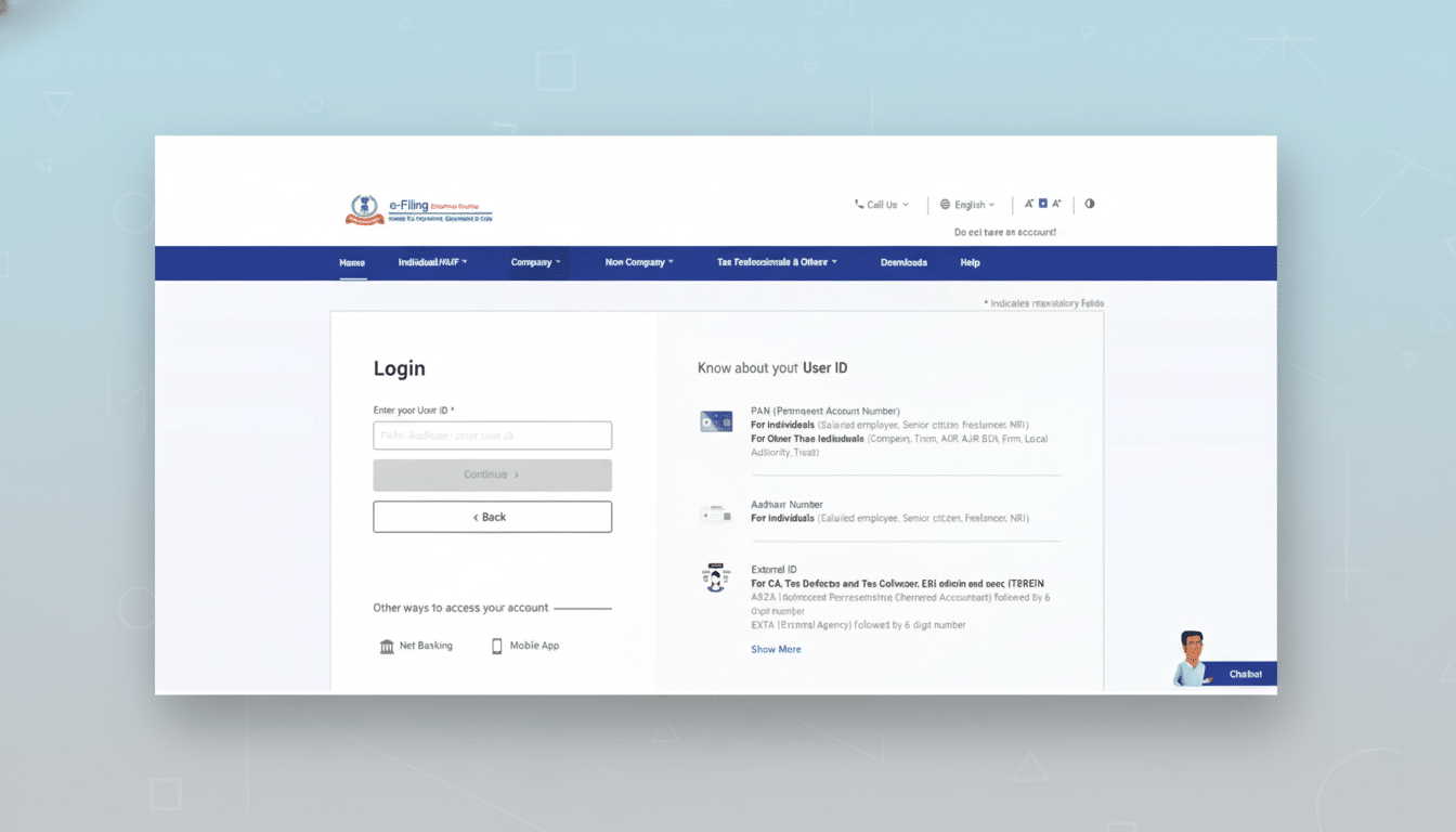 A screenshot of the e -F iling login page, cropped to a 16: 9 aspect ratio and professionally enhanced with a soft blue geometric background. The logi