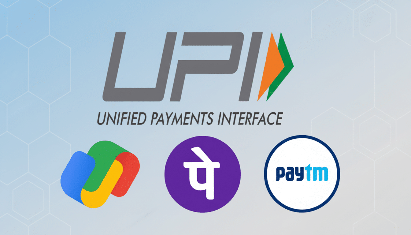 A professional graphic displaying the UPI ( Unified Payments Interface) logo at the top, with logos for Google Pay, BH IM, and Paytm below it , all set against a subtle patterned grey - blue gradient background. Filename : upi paymentlogos. png