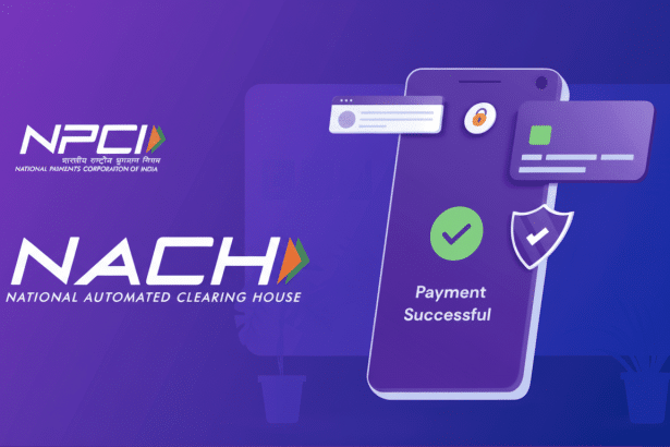 A professional, enhanced image showing the NPCI and NACH logos alongside a smartphone interface displaying a Payment Successful message, with a credit card icon , a security shield , and potted plants in the foreground , set against a dark purple background with subtle patterns .
