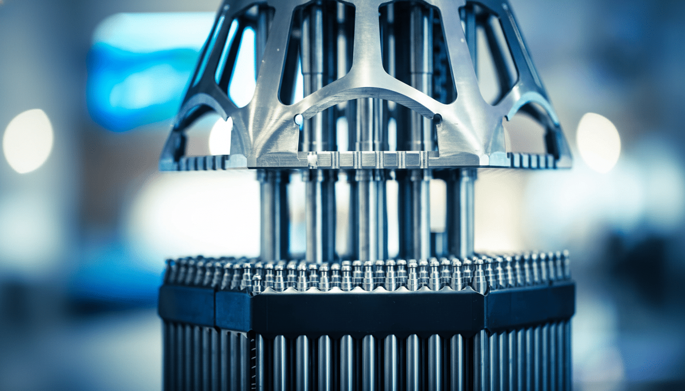 Close -up of a metallic industrial component with a complex, grid-like structure, likely part of a nuclear reactor or power generation system.