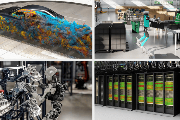 Four panel image showing industrial and technological scenes . Top left: a car undergoing aerodynamic testing with colorful particle visualization . Top right: a factory floor with a robotic arm moving crates and a worker in the background. Bottom left : a robotic arm handling metal components . Bottom right: a server room with racks of data servers .