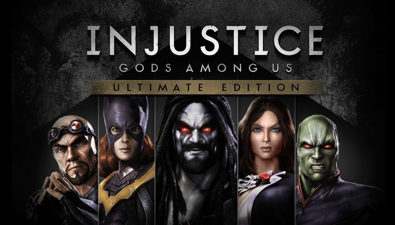 The Injustice: Gods Among Us Ultimate Edition video game cover shows five DC Comics characters: Lex Luthor, Bat girl, Lobo, Zat anna, and Martian Manhunter , with the game title prominently displayed at the top .